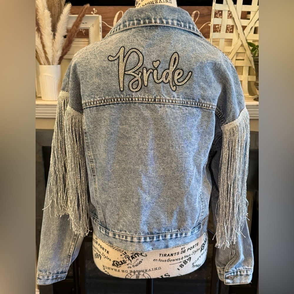 Denim Bride Rhinestone Jean Jacket Light Wash Silver Tassels Honeymoon Small - Picture 4 of 4